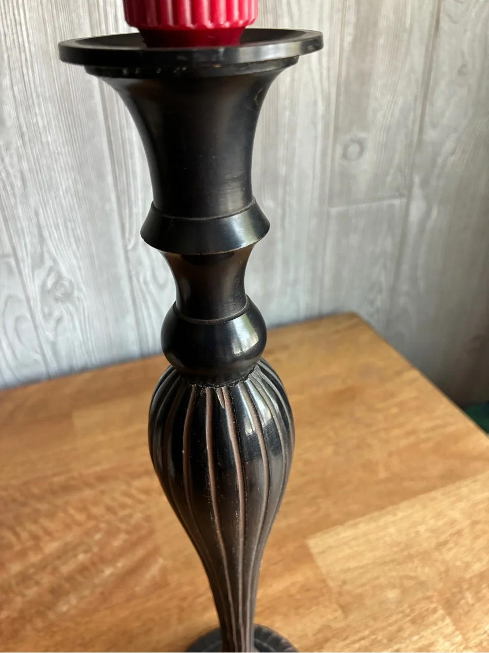 Vintage like Red Taper Candle with Black Metal Candlestick   Very heavy